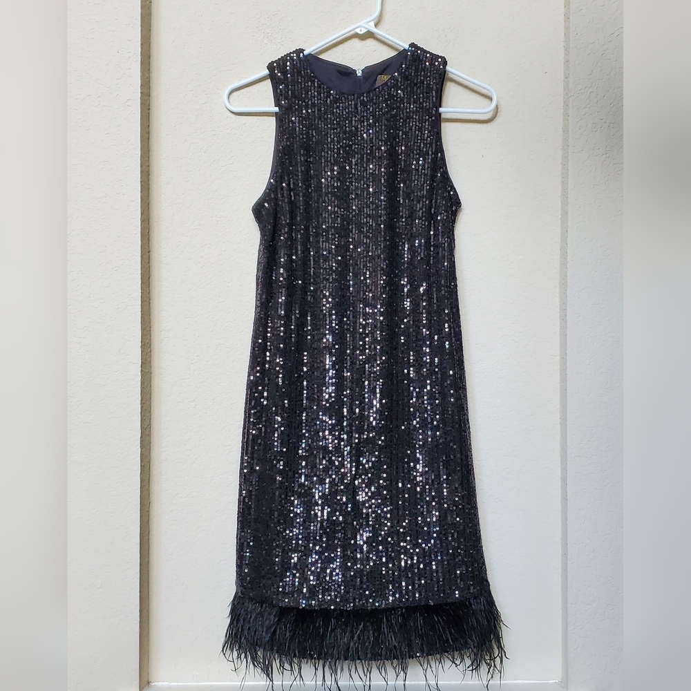 Taylor Black Sequin & Feather Sleeveless Dress. Size 6